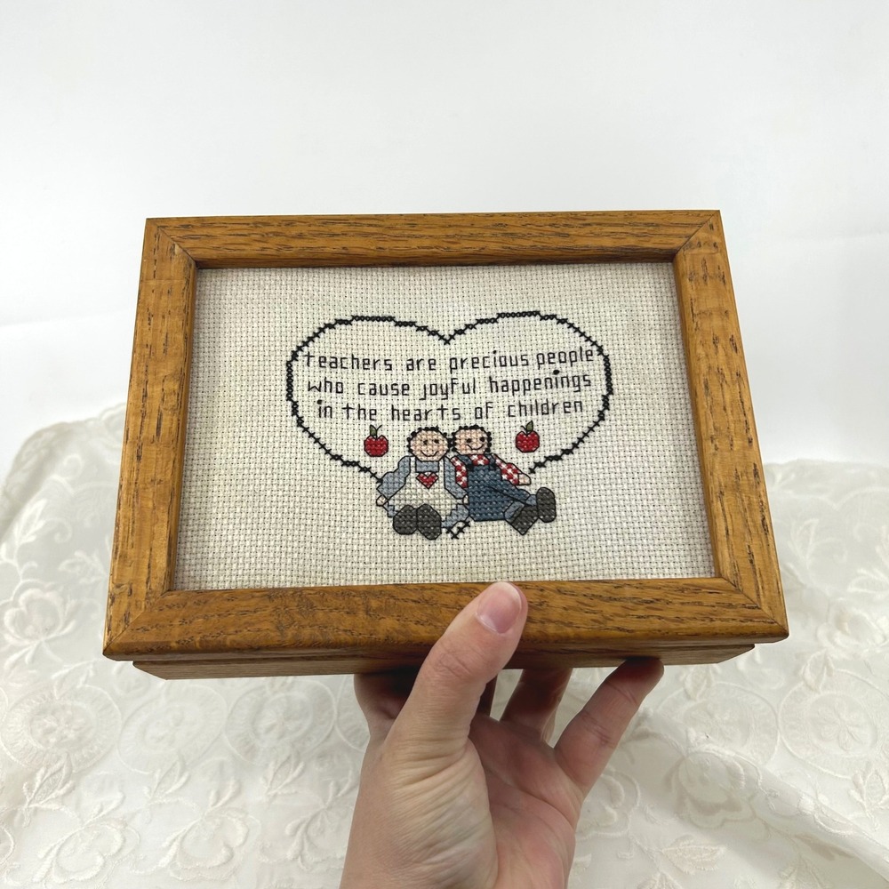Vintage Cross stitch Teacher Appreciation Gift Box Handmade Wooden Box